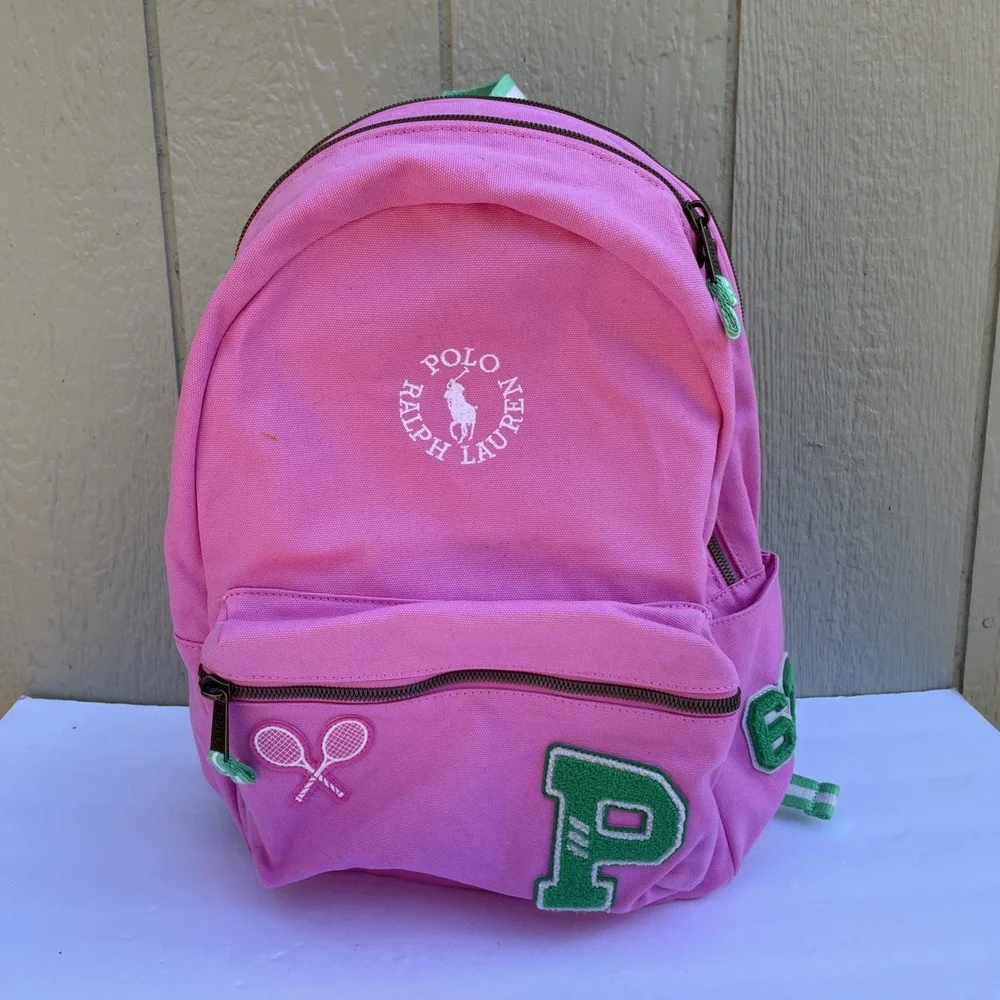 Polo Ralph Lauren Varsity Backpack Laguna Pink Big Pony Embroidered Tennis Green